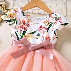 Floral Dress for Girls - Floral Ruffle Sleeves, Bow, Tulle Splicing